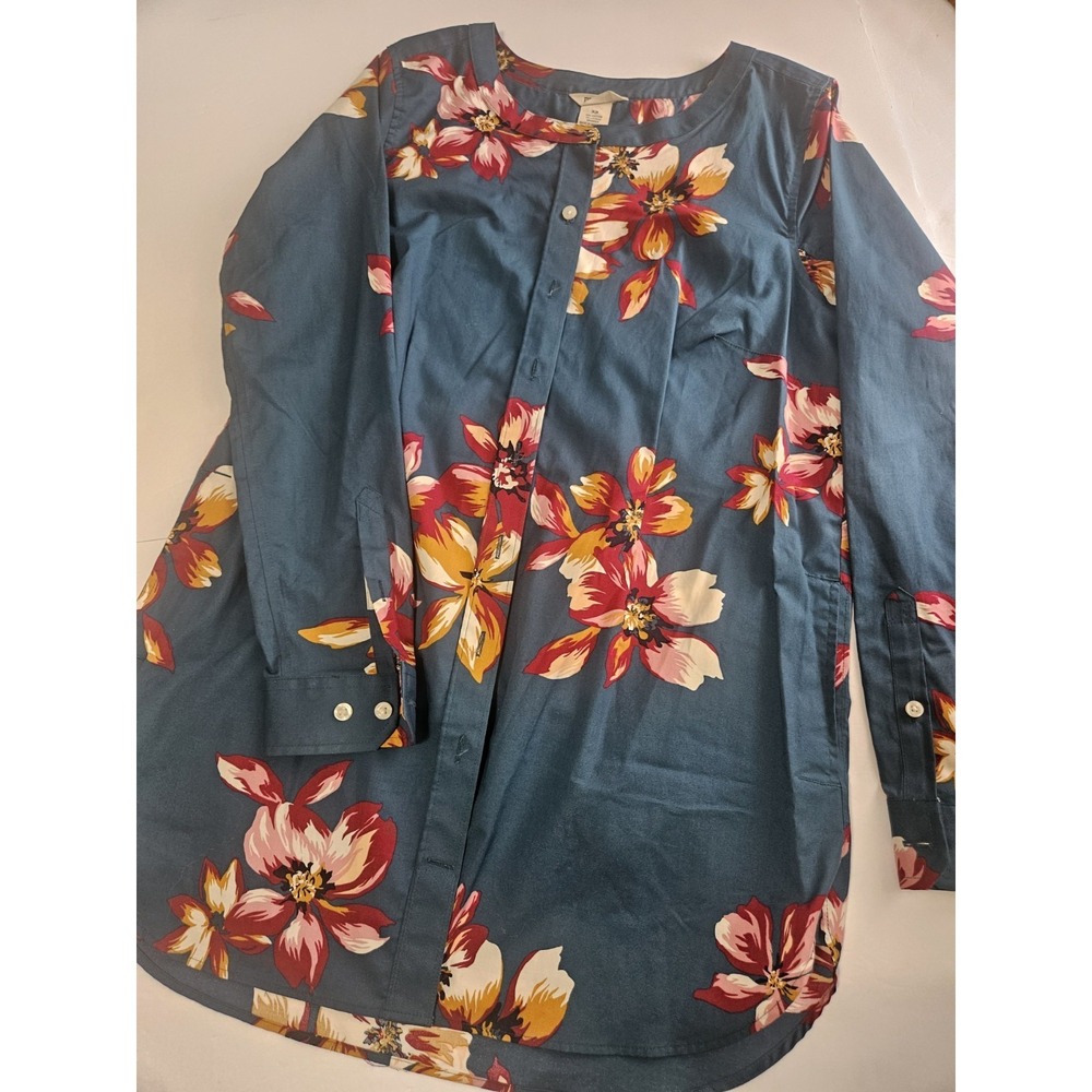 Duluth Trading Women's Floral Long Sleeve Tunic Shirt Teal XSmall Pockets Resist